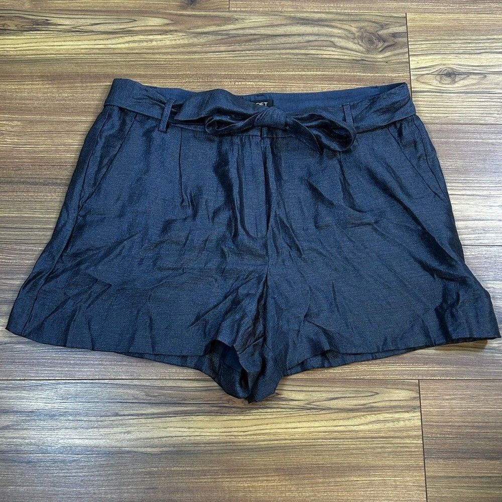 LOFT Womens Navy Blue Shimmer Tie Waist Shorts Size 14 Pleated Casual